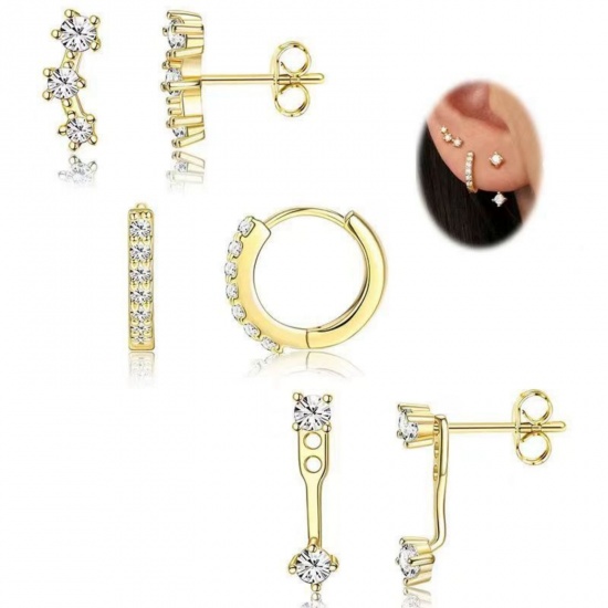 Immagine di Squisito Elegante Set di Orecchini All'Ingrosso, Trasparente Circonio Cubico Placcato Oro 18K Ottone, Donne Regalo Fornitura di Gioielli, 1 Serie ( 6 Pz/Serie)