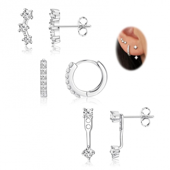 Immagine di Squisito Elegante Set di Orecchini All'Ingrosso, Trasparente Circonio Cubico Platino Placcato Ottone, Donne Regalo Fornitura di Gioielli, 1 Serie ( 6 Pz/Serie)
