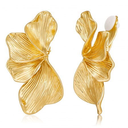 Immagine di Squisito Elegante Orecchini a Clip Senza Piercing All'Ingrosso, Fiore Placcato Oro 18K Ottone, Donne Regalo Fornitura di Gioielli, 4.8cm x 2.5cm, 1 Paio