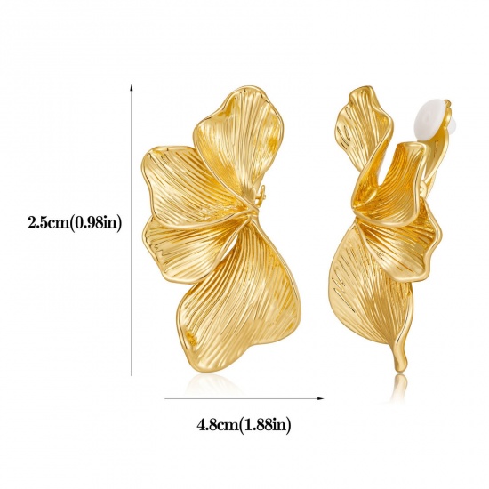Immagine di Squisito Elegante Orecchini a Clip Senza Piercing All'Ingrosso, Fiore Placcato Oro 18K Ottone, Donne Regalo Fornitura di Gioielli, 4.8cm x 2.5cm, 1 Paio
