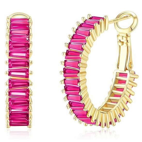 Picture of Wholesale Exquisite Stylish Hoop Earrings, Fuchsia Cubic Zirconia 18K Gold Plated Brass, Women's Gift Jewelry Supply, 25mm x 5.4mm, 1 Pair