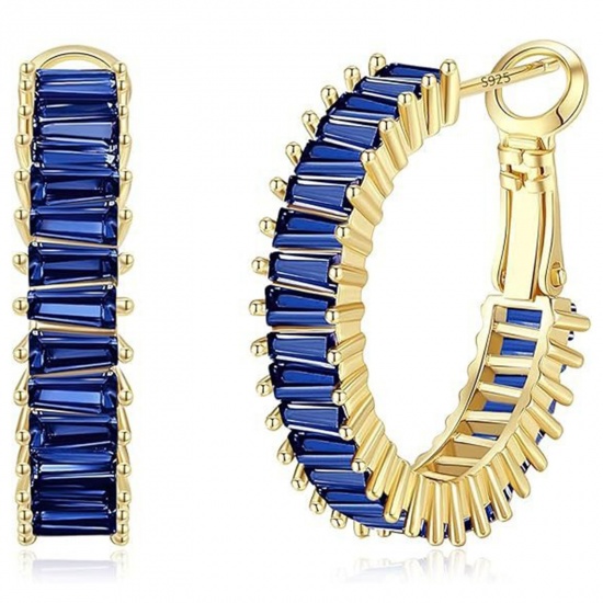 Picture of Wholesale Exquisite Stylish Hoop Earrings, Blue Cubic Zirconia 18K Gold Plated Brass, Women's Gift Jewelry Supply, 25mm x 5.4mm, 1 Pair