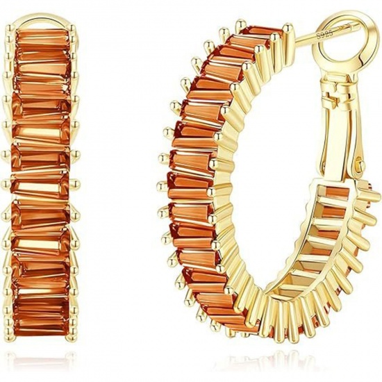 Picture of Wholesale Exquisite Stylish Hoop Earrings, Orange Cubic Zirconia 18K Gold Plated Brass, Women's Gift Jewelry Supply, 25mm x 5.4mm, 1 Pair