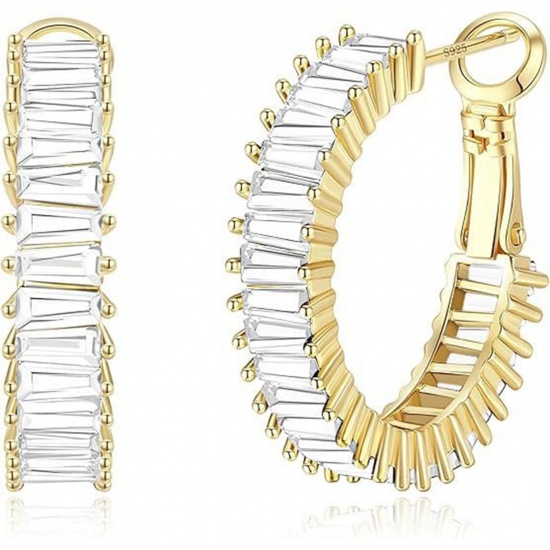 Picture of Wholesale Exquisite Stylish Hoop Earrings, Clear Cubic Zirconia 18K Gold Plated Brass, Women's Gift Jewelry Supply, 25mm x 5.4mm, 1 Pair