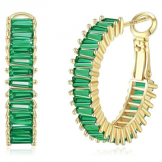 Picture of Wholesale Exquisite Stylish Hoop Earrings, Green Cubic Zirconia 18K Gold Plated Brass, Women's Gift Jewelry Supply, 25mm x 5.4mm, 1 Pair