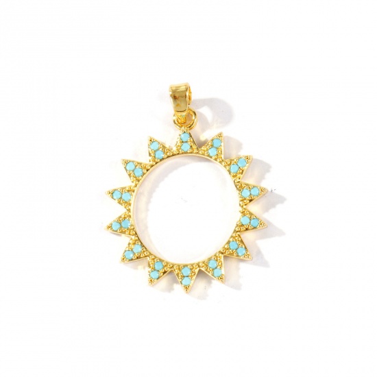 Bild von 2 Stück Messing Großhandel 18K Echtgold plattiert Sonne Micro Pave Blau Kubischer Zirkon 29mm x 21mm