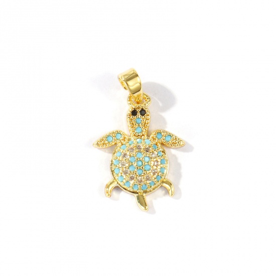 Bild von 2 Stück Messing Großhandel 18K Echtgold plattiert Schildkroete Micro Pave Blau Kubischer Zirkon 23mm x 14mm