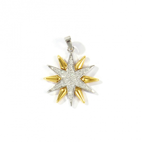 Imagen de 2 Unidades Latón Galaxia Colgantes Charms Al Por Mayor Chapado en Oro de 18K & Platino Chapado Dos Colores Sol Micro Pave Claro Circón Artificial 29mm x 22mm
