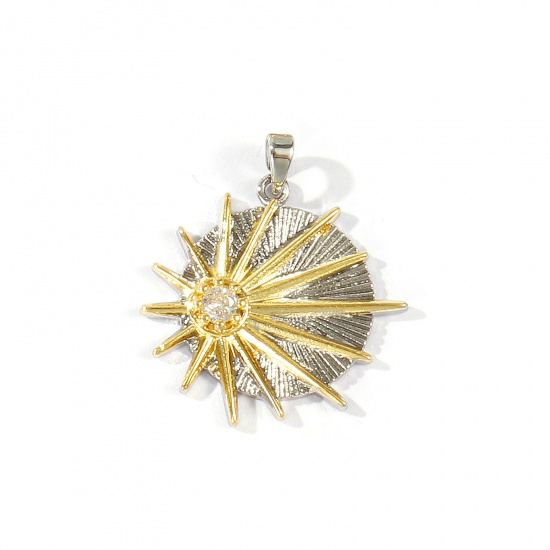 Imagen de 2 Unidades Latón Galaxia Colgantes Al Por Mayor Chapado en Oro de 18K & Platino Chapado Dos Colores Ronda Sol Claro Circón Artificial 3.1cm x 2.6cm
