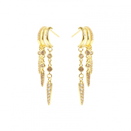 Immagine di Geometrico Elegante Nappa Orecchini All'Ingrosso, Cono Trasparente Circonio Cubico Placcato Oro 14K Ottone, Donne Regalo Fornitura di Gioielli, 5cm x 0.9cm, Posta/Filo Dimensione: 0.7mm(21 misura), 1 Paio