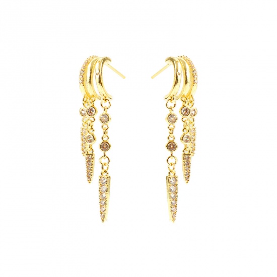 Picture of Wholesale Geometric Stylish Tassel Earrings, Cone Clear Cubic Zirconia 14K Gold Plated Brass, Women's Gift Jewelry Supply, 5cm x 0.9cm, Post/ Wire Size: 0.7mm(21 gauge), 1 Pair