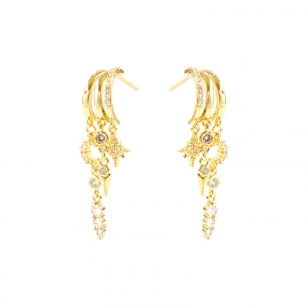 Immagine di Squisito Elegante Nappa Orecchini All'Ingrosso, Luna Stella Trasparente Circonio Cubico Placcato Oro 14K Ottone, Donne Regalo Fornitura di Gioielli, 4.2cm x 0.9cm, Posta/Filo Dimensione: 0.7mm(21 misura), 1 Paio