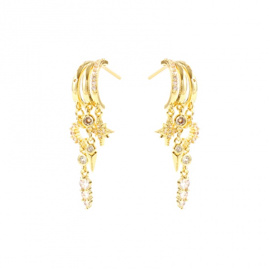Picture of Wholesale Exquisite Stylish Tassel Earrings, Half Moon Star Clear Cubic Zirconia 14K Gold Plated Brass, Women's Gift Jewelry Supply, 4.2cm x 0.9cm, Post/ Wire Size: 0.7mm(21 gauge), 1 Pair