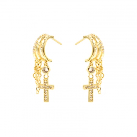 Immagine di Religione Elegante Nappa Orecchini All'Ingrosso, Catena a Maglie Croce Trasparente Circonio Cubico Placcato Oro 14K Ottone, Donne Regalo Fornitura di Gioielli, 3.3cm x 0.9cm, Posta/Filo Dimensione: 0.7mm(21 misura), 1 Paio