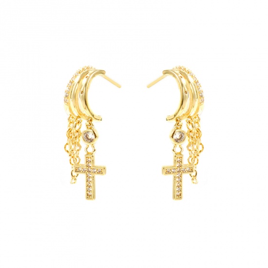 Picture of Wholesale Religious Stylish Tassel Earrings, Link Chain Cross Clear Cubic Zirconia 14K Gold Plated Brass, Women's Gift Jewelry Supply, 3.3cm x 0.9cm, Post/ Wire Size: 0.7mm(21 gauge), 1 Pair