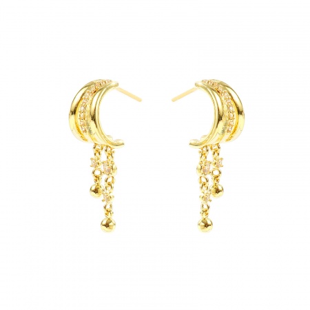 Immagine di Squisito Elegante Nappa Orecchini All'Ingrosso, Palla Trasparente Circonio Cubico Placcato Oro 14K Ottone, Donne Regalo Fornitura di Gioielli, 3cm x 0.9cm, Posta/Filo Dimensione: 0.7mm(21 misura), 1 Paio