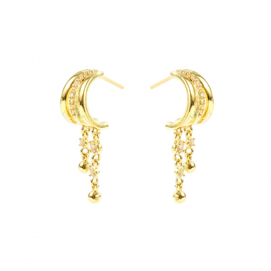 Picture of Wholesale Exquisite Stylish Tassel Earrings, Ball Clear Cubic Zirconia 14K Gold Plated Brass, Women's Gift Jewelry Supply, 3cm x 0.9cm, Post/ Wire Size: 0.7mm(21 gauge), 1 Pair