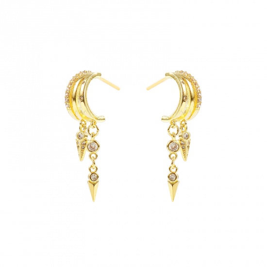 Picture of Wholesale Exquisite Stylish Tassel Earrings, Arrowhead Clear Cubic Zirconia 14K Gold Plated Brass, Women's Gift Jewelry Supply, 3.4cm x 0.9cm, Post/ Wire Size: 0.7mm(21 gauge), 1 Pair