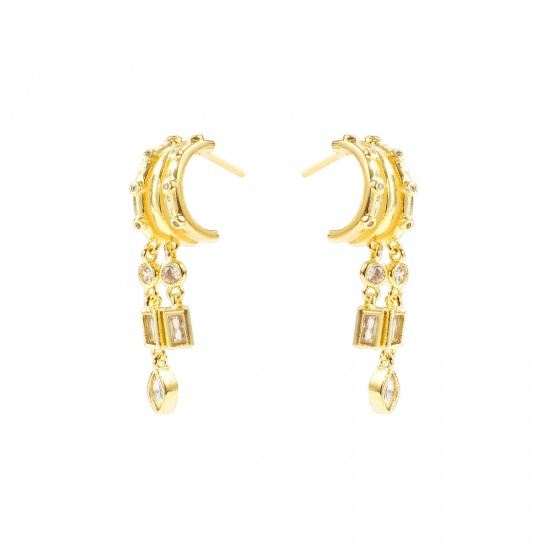 Picture of Wholesale Geometric Stylish Tassel Earrings, Geometric Clear Cubic Zirconia 14K Gold Plated Brass, Women's Gift Jewelry Supply, 3.5cm x 0.9cm, Post/ Wire Size: 0.7mm(21 gauge), 1 Pair
