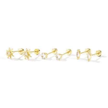 Immagine di Squisito Elegante Orecchini a Perno All'Ingrosso, Sole Tondo Trasparente Circonio Cubico Placcato Oro 14K Ottone, Donne Regalo Fornitura di Gioielli, Posta/Filo Dimensione: 0.8mm(20 misura), 1 Serie ( 6 Pz/Serie)