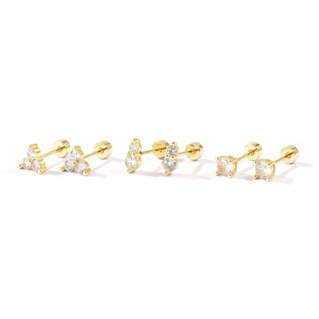 Immagine di Squisito Elegante Orecchini a Perno All'Ingrosso, Trifoglio Zucca Trasparente Circonio Cubico Placcato Oro 14K Ottone, Donne Regalo Fornitura di Gioielli, Posta/Filo Dimensione: 0.8mm(20 misura), 1 Serie ( 6 Pz/Serie)