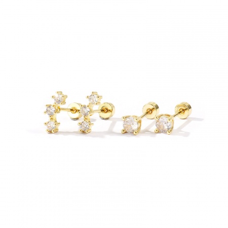 Immagine di Squisito Elegante Orecchini a Perno All'Ingrosso, Tondo Trasparente Circonio Cubico Placcato Oro 14K Ottone, Donne Regalo Fornitura di Gioielli, Posta/Filo Dimensione: 0.8mm(20 misura), 1 Serie ( 4 Pz/Serie)
