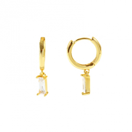 Immagine di Semplice Elegante Orecchini Ad Anello Abbraccio All'Ingrosso, Rettangolo Trasparente Circonio Cubico 18K Vero Oro Placcato Ottone, Donne Ecologico Regalo Fornitura di Gioielli, 23mm x 4mm, Posta/Filo Dimensione: 0.8mm(20 misura), 2 Pz