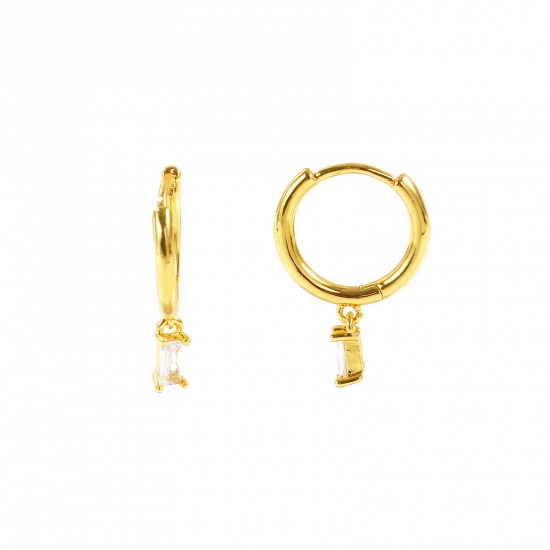 Immagine di Semplice Elegante Orecchini Ad Anello Abbraccio All'Ingrosso, Rettangolo Trasparente Circonio Cubico 18K Vero Oro Placcato Ottone, Donne Ecologico Regalo Fornitura di Gioielli, 20mm x 3mm, Posta/Filo Dimensione: 0.8mm(20 misura), 2 Pz