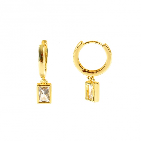 Immagine di Semplice Elegante Orecchini Ad Anello Abbraccio All'Ingrosso, Rettangolo Trasparente Circonio Cubico 18K Vero Oro Placcato Ottone, Donne Ecologico Regalo Fornitura di Gioielli, 22mm x 5mm, Posta/Filo Dimensione: 0.8mm(20 misura), 2 Pz