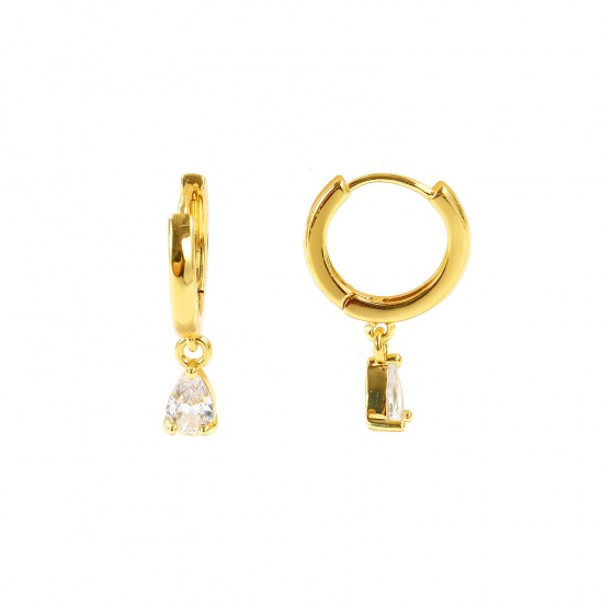 Immagine di Semplice Elegante Orecchini Ad Anello Abbraccio All'Ingrosso, Goccia Trasparente Circonio Cubico 18K Vero Oro Placcato Ottone, Donne Ecologico Regalo Fornitura di Gioielli, 22mm x 5mm, Posta/Filo Dimensione: 0.8mm(20 misura), 2 Pz