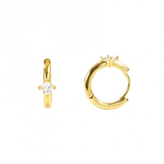 Immagine di Semplice Elegante Orecchini Ad Anello Abbraccio All'Ingrosso, Rombo Trasparente Circonio Cubico 18K Vero Oro Placcato Ottone, Donne Ecologico Regalo Fornitura di Gioielli, 15mm x 13mm, Posta/Filo Dimensione: 0.8mm(20 misura), 2 Pz