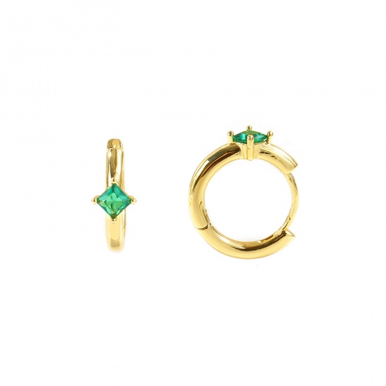 Immagine di Semplice Elegante Orecchini Ad Anello Abbraccio All'Ingrosso, Rombo Verde Circonio Cubico 18K Vero Oro Placcato Ottone, Donne Ecologico Regalo Fornitura di Gioielli, 15mm x 13mm, Posta/Filo Dimensione: 0.8mm(20 misura), 2 Pz
