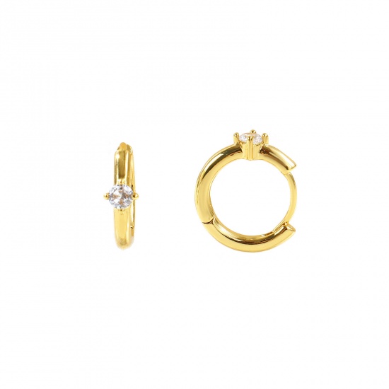 Immagine di Semplice Elegante Orecchini Ad Anello Abbraccio All'Ingrosso, Tondo Trasparente Circonio Cubico 18K Vero Oro Placcato Ottone, Donne Ecologico Regalo Fornitura di Gioielli, 15mm x 13mm, Posta/Filo Dimensione: 0.8mm(20 misura), 2 Pz