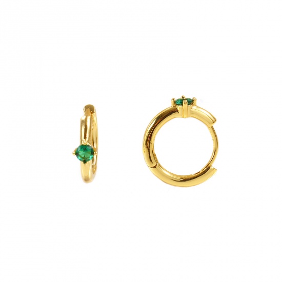 Immagine di Semplice Elegante Orecchini Ad Anello Abbraccio All'Ingrosso, Tondo Verde Circonio Cubico 18K Vero Oro Placcato Ottone, Donne Ecologico Regalo Fornitura di Gioielli, 15mm x 13mm, Posta/Filo Dimensione: 0.8mm(20 misura), 2 Pz