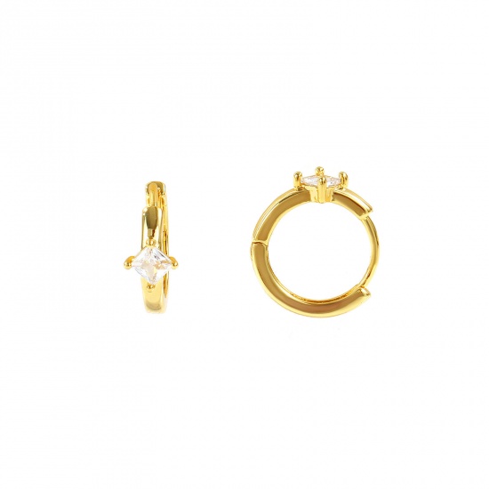 Immagine di Semplice Elegante Orecchini Ad Anello Abbraccio All'Ingrosso, Rombo Trasparente Circonio Cubico 18K Vero Oro Placcato Ottone, Donne Ecologico Regalo Fornitura di Gioielli, 14mm x 12.5mm, Posta/Filo Dimensione: 0.8mm(20 misura), 2 Pz