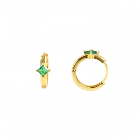Immagine di Semplice Elegante Orecchini Ad Anello Abbraccio All'Ingrosso, Rombo Verde Circonio Cubico 18K Vero Oro Placcato Ottone, Donne Ecologico Regalo Fornitura di Gioielli, 14mm x 12.5mm, Posta/Filo Dimensione: 0.8mm(20 misura), 2 Pz