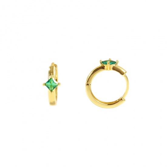 Immagine di Semplice Elegante Orecchini Ad Anello Abbraccio All'Ingrosso, Rombo Verde Circonio Cubico 18K Vero Oro Placcato Ottone, Donne Ecologico Regalo Fornitura di Gioielli, 14mm x 12.5mm, Posta/Filo Dimensione: 0.8mm(20 misura), 2 Pz