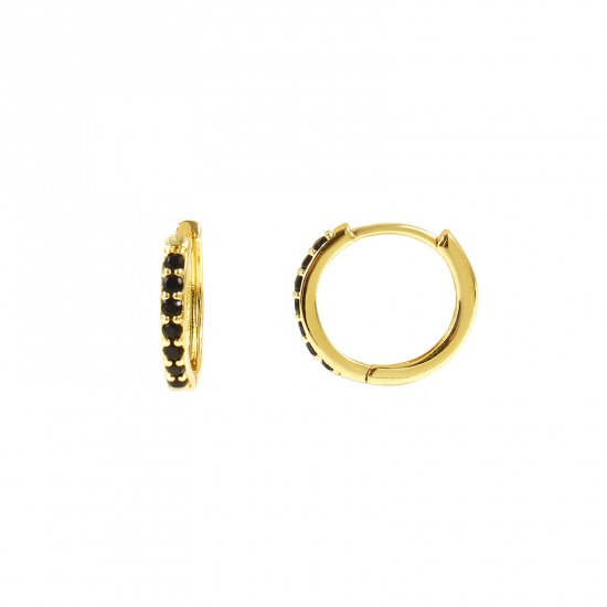 Immagine di Semplice Elegante Orecchini Ad Anello Abbraccio All'Ingrosso, Nero Circonio Cubico 18K Vero Oro Placcato Ottone, Donne Ecologico Regalo Fornitura di Gioielli, 14mm Dia., Posta/Filo Dimensione: 0.8mm(20 misura), 2 Pz