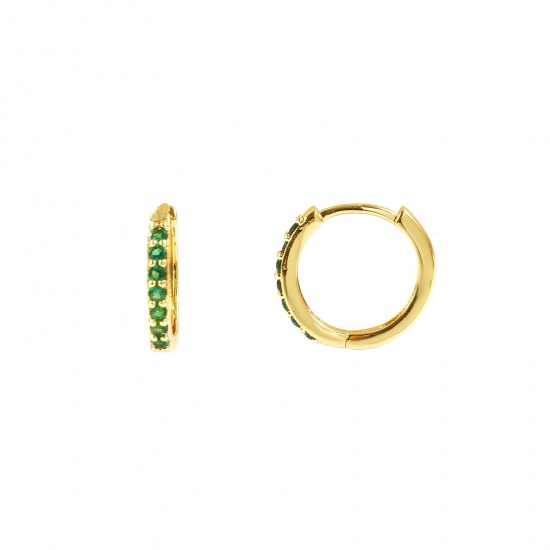 Immagine di Semplice Elegante Orecchini Ad Anello Abbraccio All'Ingrosso, Verde Circonio Cubico 18K Vero Oro Placcato Ottone, Donne Ecologico Regalo Fornitura di Gioielli, 14mm Dia., Posta/Filo Dimensione: 0.8mm(20 misura), 2 Pz