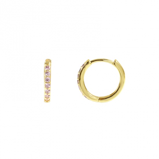 Immagine di Semplice Elegante Orecchini Ad Anello Abbraccio All'Ingrosso, Rosa Circonio Cubico 18K Vero Oro Placcato Ottone, Donne Ecologico Regalo Fornitura di Gioielli, 14mm Dia., Posta/Filo Dimensione: 0.8mm(20 misura), 2 Pz