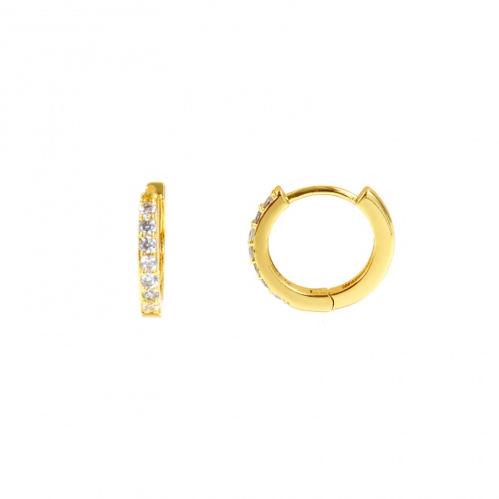 Immagine di Semplice Elegante Orecchini Ad Anello Abbraccio All'Ingrosso, Trasparente Circonio Cubico 18K Vero Oro Placcato Ottone, Donne Ecologico Regalo Fornitura di Gioielli, 14mm Dia., Posta/Filo Dimensione: 0.8mm(20 misura), 2 Pz