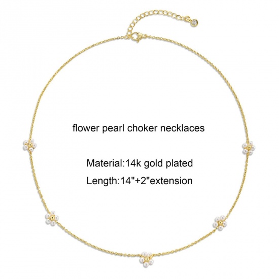Bild von Großhandel Blumen Choker Halskette, 14K Vergoldet Messing Frauen Elegant Einfach und lässig Geschenk Schmuck für Einzelhändler, 36cm + 5cm lang, 1 Strang