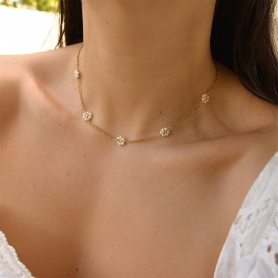 Bild von Großhandel Blumen Choker Halskette, 14K Vergoldet Messing Frauen Elegant Einfach und lässig Geschenk Schmuck für Einzelhändler, 36cm + 5cm lang, 1 Strang