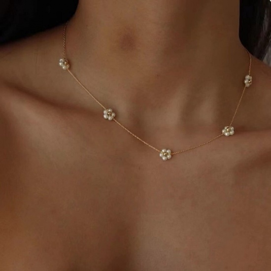 Bild von Großhandel Blumen Choker Halskette, 14K Vergoldet Messing Frauen Elegant Einfach und lässig Geschenk Schmuck für Einzelhändler, 36cm + 5cm lang, 1 Strang