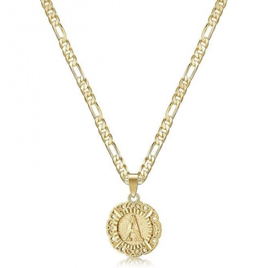 Bild von Großhandel Großbuchstaben Nachricht " A " Anhänger Halskette, 18K Vergoldet Messing Figaro Kette, Frauen Einfach Retro Geschenk Schmuck für Einzelhändler, 51cm + 5cm lang, 1 Strang