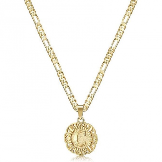 Bild von Großhandel Großbuchstaben Nachricht " C " Anhänger Halskette, 18K Vergoldet Messing Figaro Kette, Frauen Einfach Retro Geschenk Schmuck für Einzelhändler, 51cm + 5cm lang, 1 Strang