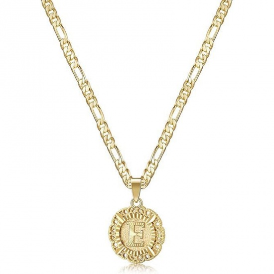 Bild von Großhandel Großbuchstaben Nachricht " E " Anhänger Halskette, 18K Vergoldet Messing Figaro Kette, Frauen Einfach Retro Geschenk Schmuck für Einzelhändler, 51cm + 5cm lang, 1 Strang