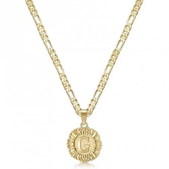 Bild von Großhandel Großbuchstaben Nachricht " G " Anhänger Halskette, 18K Vergoldet Messing Figaro Kette, Frauen Einfach Retro Geschenk Schmuck für Einzelhändler, 51cm + 5cm lang, 1 Strang