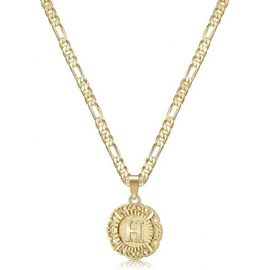 Bild von Großhandel Großbuchstaben Nachricht " H " Anhänger Halskette, 18K Vergoldet Messing Figaro Kette, Frauen Einfach Retro Geschenk Schmuck für Einzelhändler, 51cm + 5cm lang, 1 Strang