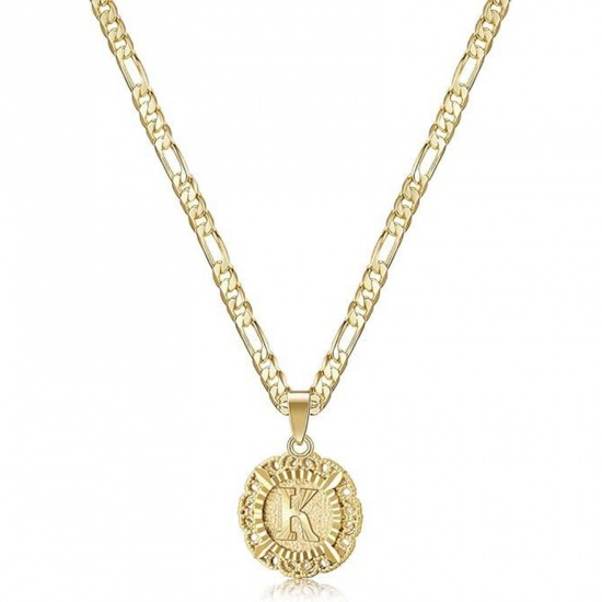 Bild von Großhandel Großbuchstaben Nachricht " K " Anhänger Halskette, 18K Vergoldet Messing Figaro Kette, Frauen Einfach Retro Geschenk Schmuck für Einzelhändler, 51cm + 5cm lang, 1 Strang